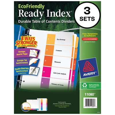 Avery Ready Index Table of Contents EcoFriendly Paper Dividers, 1-5 Tabs, Multicolor, 3 Sets/Pack (11080)