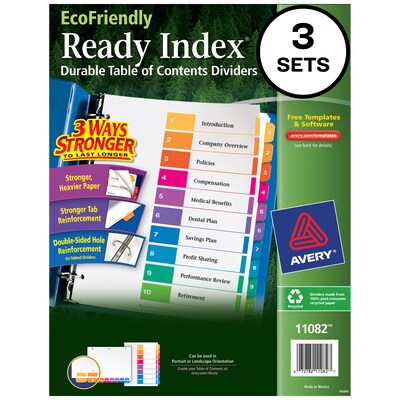 Avery Ready Index Table of Contents EcoFriendly Paper Dividers, 1-10 Tabs, Multicolor, 3 Sets/Pack (11082)