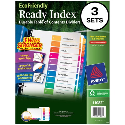 Avery Ready Index Table of Contents EcoFriendly Paper Dividers, 1-10 Tabs, Multicolor, 3 Sets/Pack (