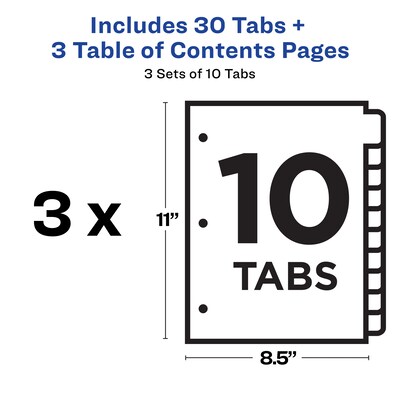 Avery Ready Index Table of Contents EcoFriendly Paper Dividers, 1-10 Tabs, Multicolor, 3 Sets/Pack (11082)