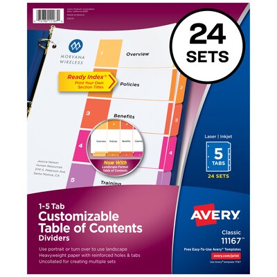 Avery Ready Index Table of Contents Paper Dividers, 1-5 Tabs, Multicolor, 24 Sets/Box (11167)