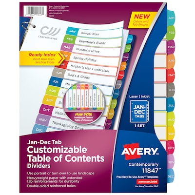 Avery Ready Index Table of Contents Paper Dividers, 1-12 Tabs, Contemporary Multicolor (11847)