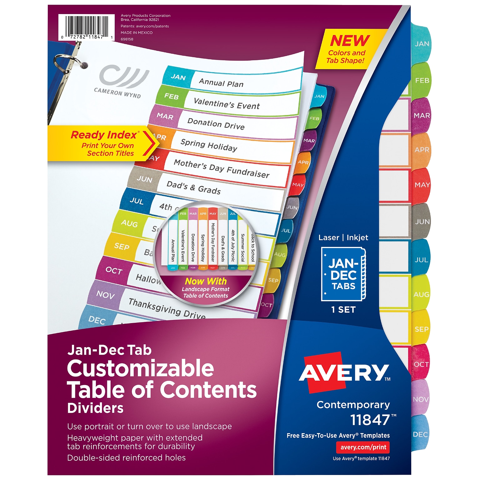 Avery Ready Index Customizable Table Of Contents Monthly Paper Divider, 12-Tab, Multicolor (11847)