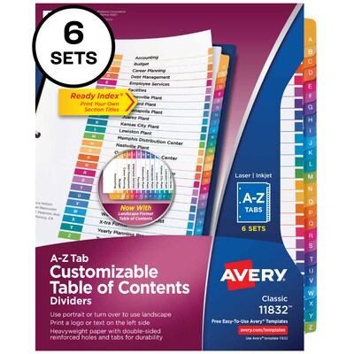 Avery Ready Index Table of Contents Paper Dividers, A-Z Tabs, Multicolor, 6 Sets/Pack (11832)