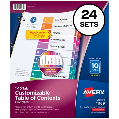 Avery Ready Index Table of Contents Paper Dividers, 1-10 Tabs, Multicolor, 24 Sets/Box (11169)