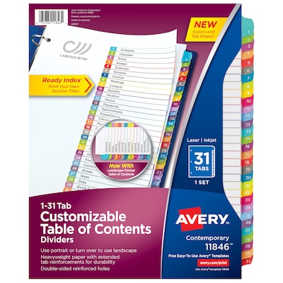 Avery Ready Index Table of Contents Paper Dividers, 1-31 Tabs, Contemporary Multicolor (11846)