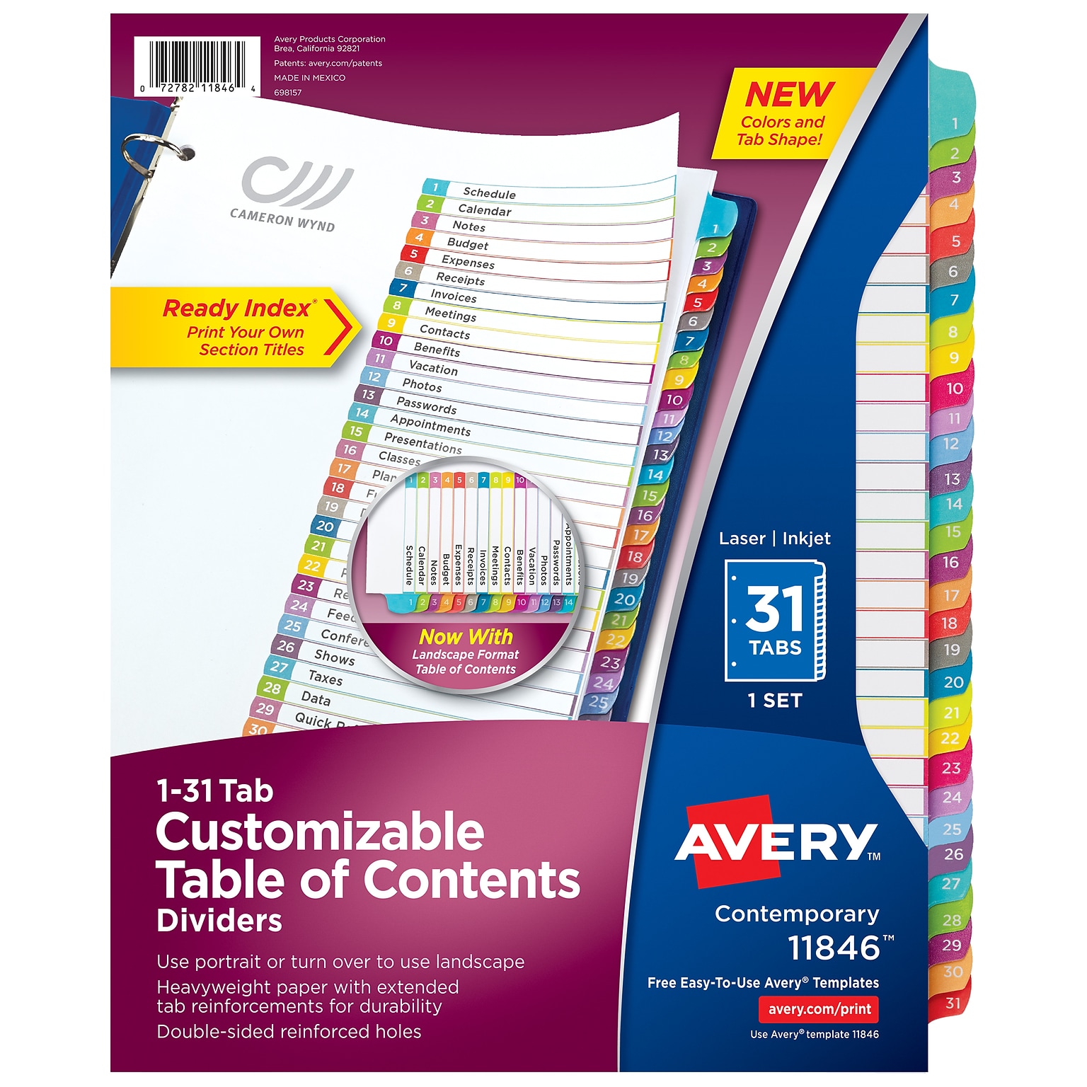 Avery Ready Index Table of Contents Paper Dividers, 1-31 Tabs, Contemporary Multicolor (11846)