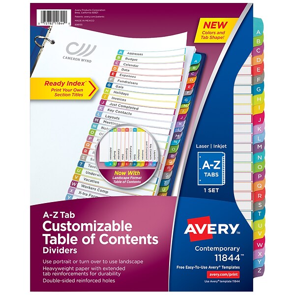 Avery Ready Index Customizable Table Of Contents A-Z Paper Divider, 26-Tab, Multicolor (11844)
