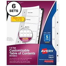 Avery Ready Index Table of Contents Paper Dividers, 1-5 Tabs, White, 6 Sets/Pack (11821)