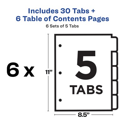 Avery Ready Index Table of Contents Paper Dividers, 1-5 Tabs, White, 6 Sets/Pack (11821)