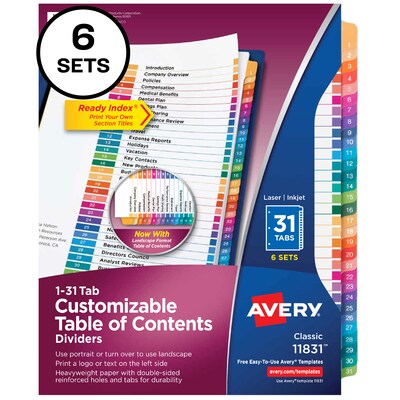 Avery Ready Index Table of Contents Paper Dividers, 1-31 Tabs, Multicolor, 6 Sets/Pack (11831)