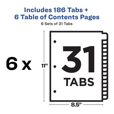 Avery Ready Index Table of Contents Paper Dividers, 1-31 Tabs, Multicolor, 6 Sets/Pack (11831)