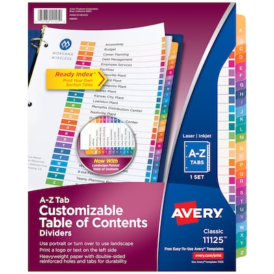 Avery Ready Index Table of Contents Pre-Printed Paper Dividers, A-Z Tabs, Multicolor, 1 Set (11125)