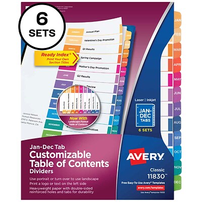 Avery Ready Index Customizable Table of Contents Monthly Dividers, Multicolor Tabs, 6 Sets (11830)