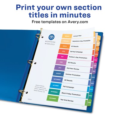 Avery Ready Index Table of Contents Pre-Printed Monthly Paper Divider, Jan-Dec, Multicolor, 6 Sets (11830)