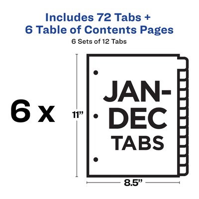 Avery Ready Index Table of Contents Pre-Printed Monthly Paper Divider, Jan-Dec, Multicolor, 6 Sets (11830)