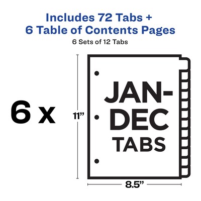 Avery Ready Index Table of Contents Paper Dividers, Jan-Dec Tabs, Multicolor, 6 Sets/Pack (11830)