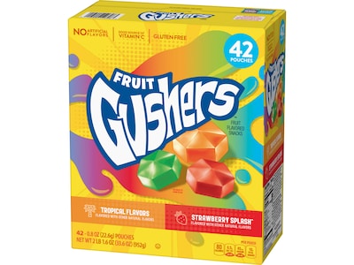 Betty Crocker Fruit Gushers Flavored Snacks, Strawberry Splash/Tropical Flavors, 33.6 oz., 42 Pouche