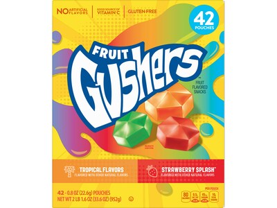 Betty Crocker Fruit Gushers Flavored Snacks, Strawberry Splash/Tropical Flavors, 33.6 oz., 42 Pouche