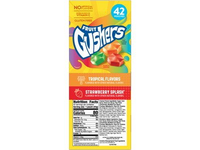 Betty Crocker Fruit Gushers Flavored Snacks, Strawberry Splash/Tropical Flavors, 33.6 oz., 42 Pouches/Pack (14698)