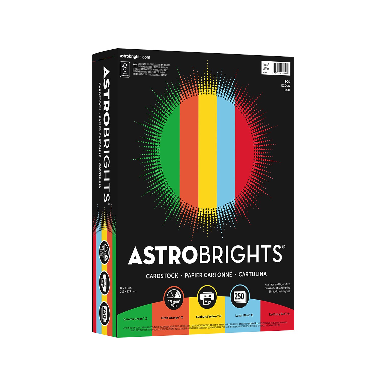 Astrobrights Eco 65 lb. Cardstock Paper, 8.5 x 11, Assorted Colors, 250 Sheets/Pack (98853)