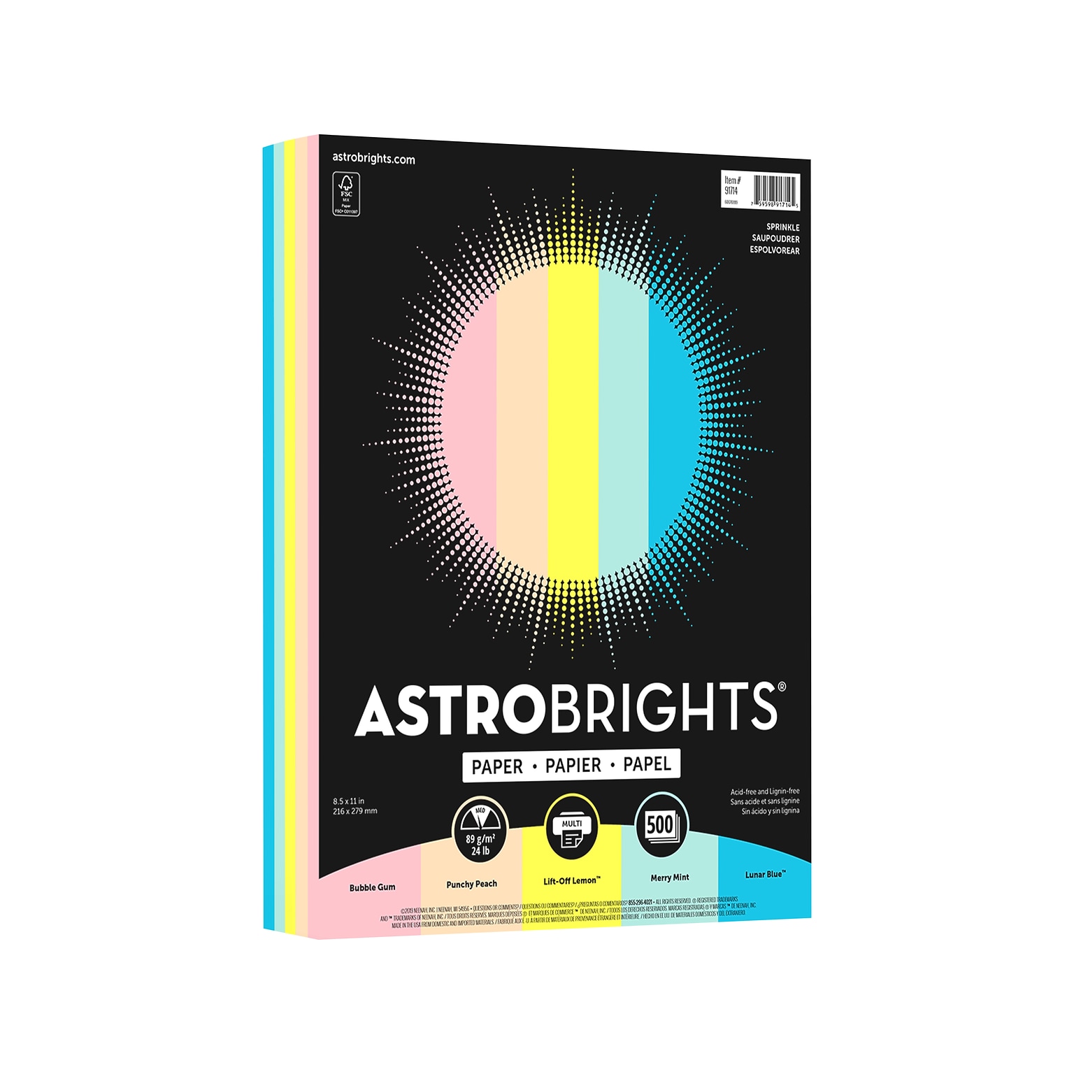 Astrobrights Colored Paper, 24 lbs., 8.5 x 11, Assorted Sprinkle Colors, 500 Sheets/Ream (91714)