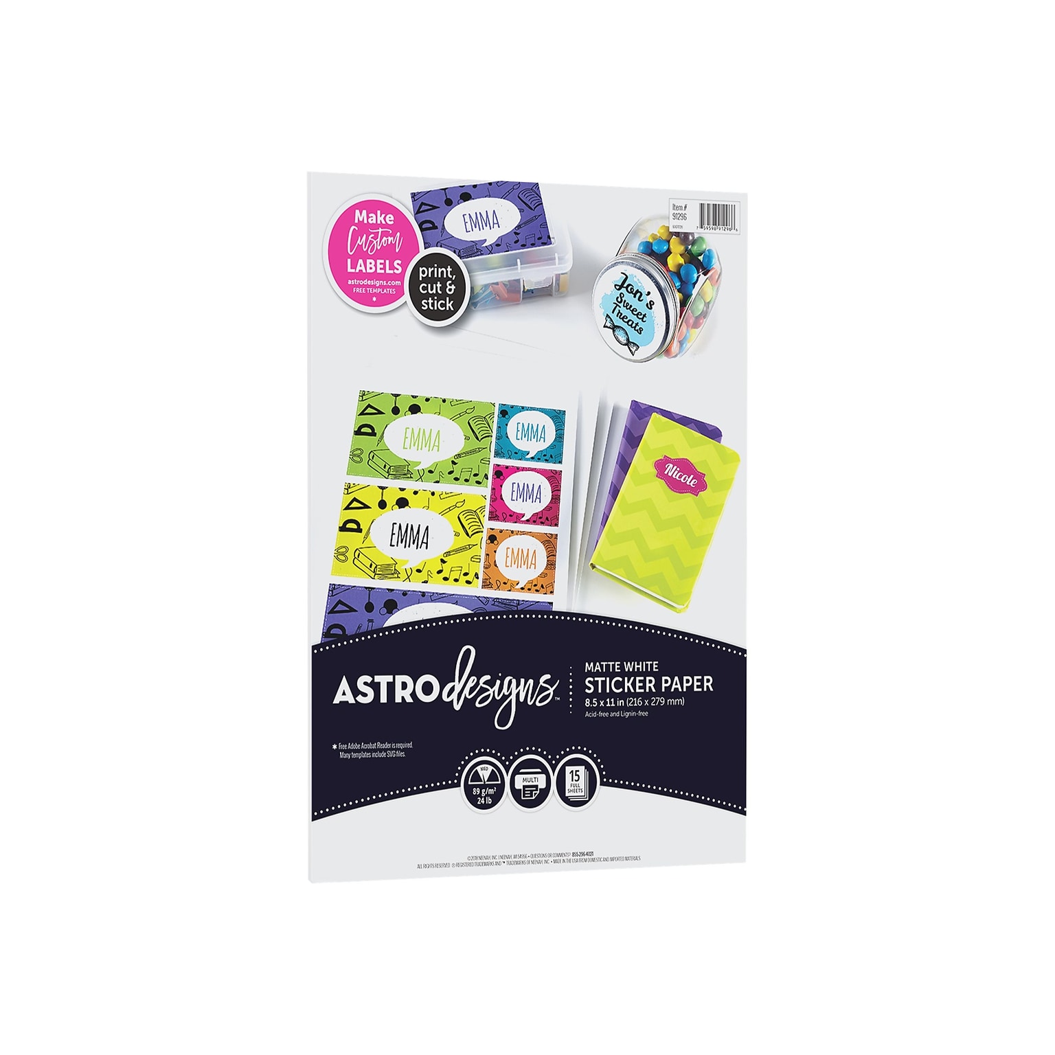 Astrobrights Astrodesigns Inkjet/Laser Sticker Paper Labels, 8 1/2 x 11, Matte White, 15 Sheets/Pack (91296-01)