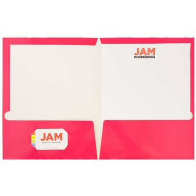 JAM Paper® Laminated Two-Pocket Glossy Presentation Folders, Fuchsia Hot Pink, 6/Pack (385GFUA)