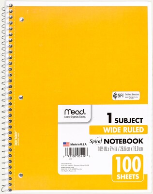 Mead Spiral 1-Subject Notebook, 8" x 10.5", Wide Ruled, 100 Sheets, Sold as an Each (MEA05514)