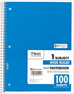 Mead Spiral 1-Subject Notebook, 8" x 10.5", Wide Ruled, 100 Sheets, Sold as an Each (MEA05514)