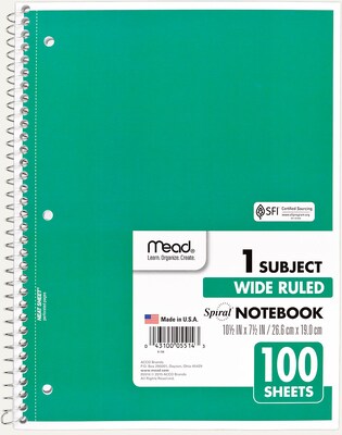 Mead Spiral 1-Subject Notebook, 8" x 10.5", Wide Ruled, 100 Sheets, Sold as an Each (MEA05514)