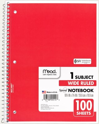 Mead Spiral 1-Subject Notebook, 8" x 10.5", Wide Ruled, 100 Sheets, Sold as an Each (MEA05514)