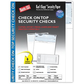 Blanks/USA® Kant Kopy® 8 1/2 x 11 60 lbs. Security Check on Top Papers, Void Blue, 500/Pack