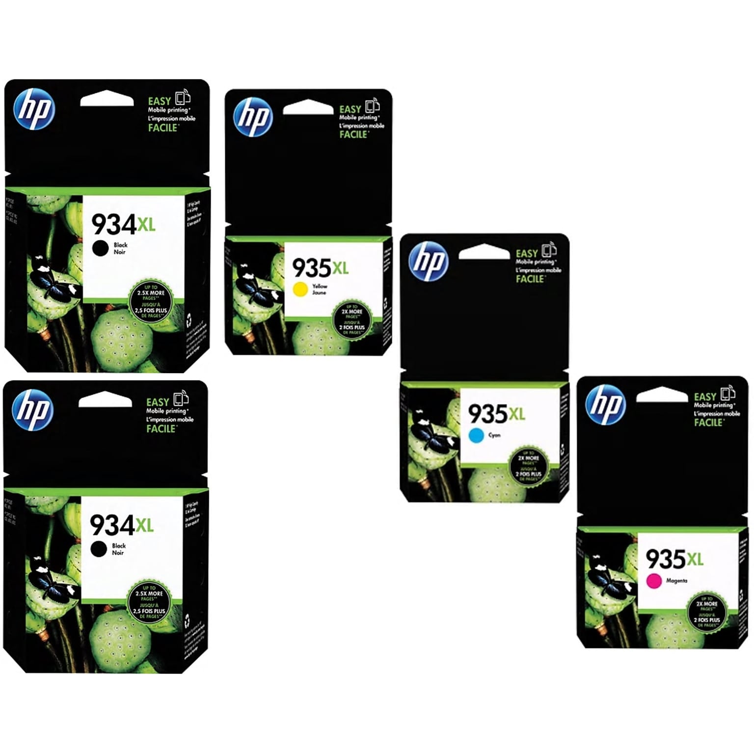 HP 934XL/935XL Black/Cyan/Magenta/Yellow Ink Cartridges, High Yield, 5/Pack (6ZA02AN#140)