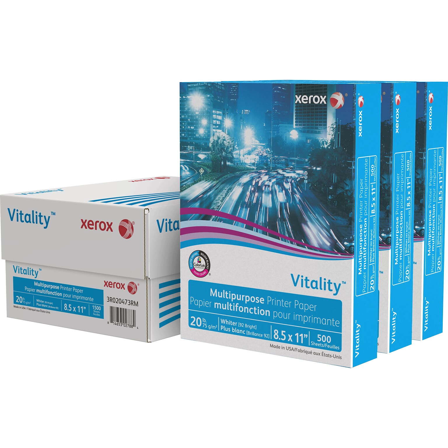 Xerox Vitality 8.5 x 11 Multipurpose Paper, 20 lbs., 92 Brightness, 500 Sheets/Ream, 3 Reams/Carton (3R020473RM)