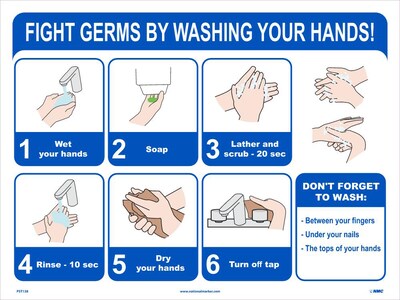 National Marker Poster, Fight Germs by Washing Your Hands!, 18 x 24, Blue/White (PST138)