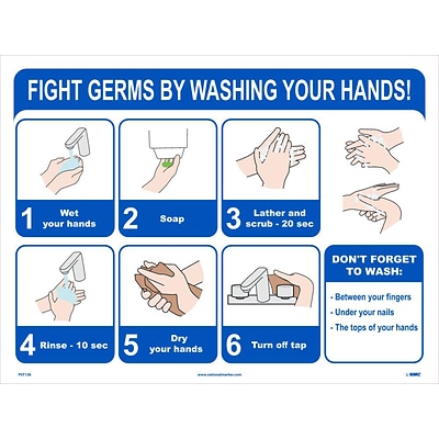 National Marker Poster, Fight Germs by Washing Your Hands!, 18 x 24, Blue/White (PST138)