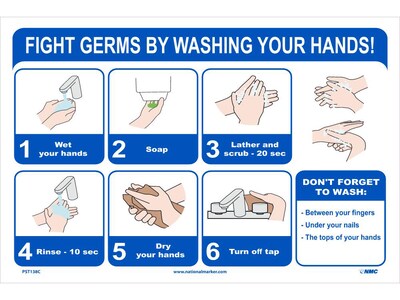 National Marker Vinyl Poster, Fight Germs by Washing Your Hands!, 12 x 18, Blue/White (PST138C)