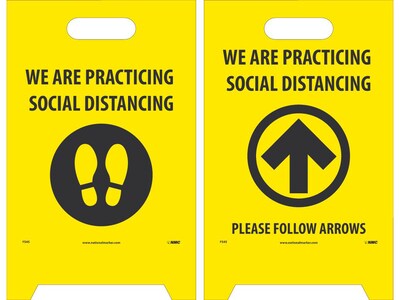 National Marker Double-Sided A-Frame Sign, We are Practicing Social Distancing, 19 x 12, Yellow/Black (FS45)