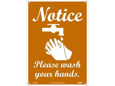 National Marker Wall Sign, Notice: Please Wash Your Hands, Plastic, 14 x 10, Brown/White (WH3RB)