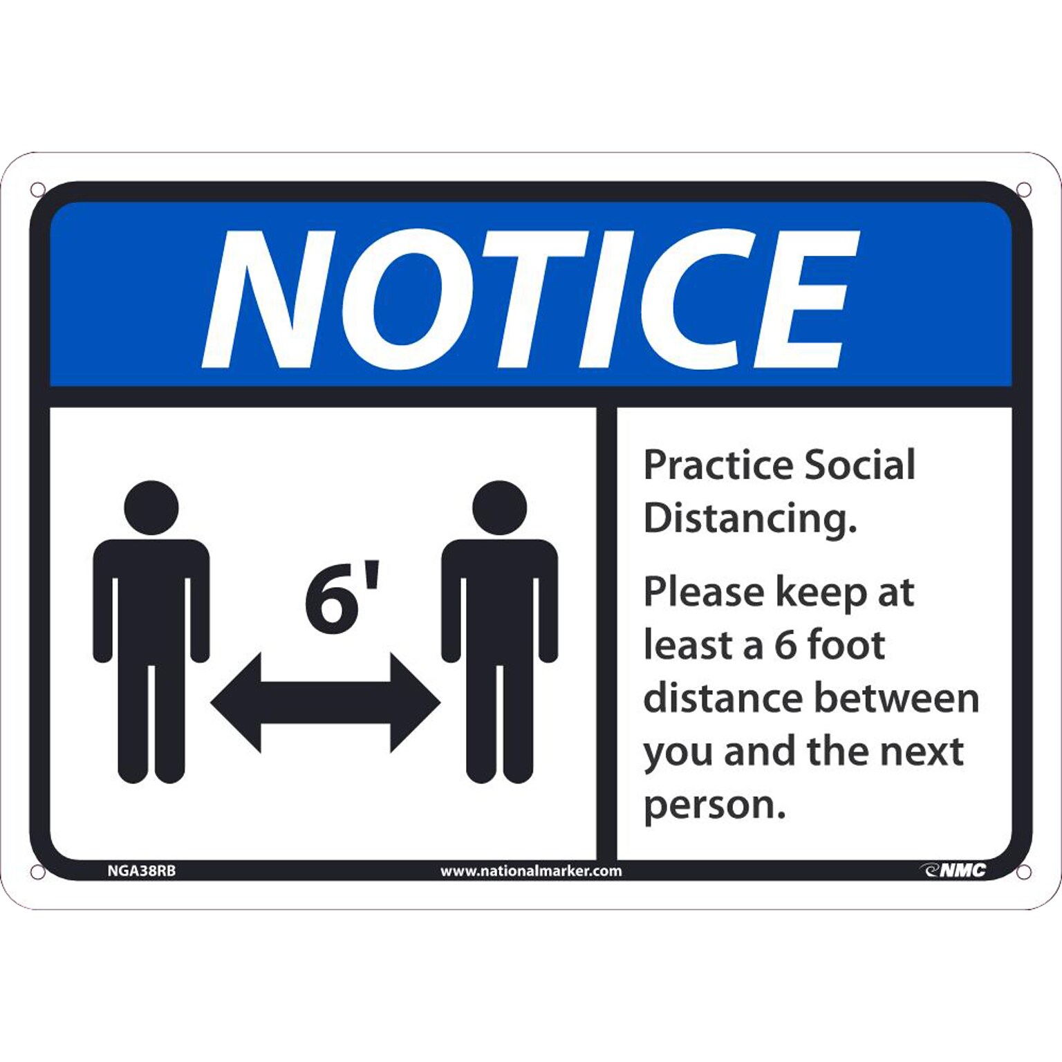 National Marker Wall Sign, Notice: Practice Social Distancing, Plastic, 10 x 14, Blue/White/Black (NGA38RB)