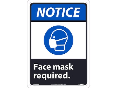 National Marker Wall Sign, "Notice: Face Mask Required," Plastic, 14" x 10", Blue/White/Black (NGA39RB)