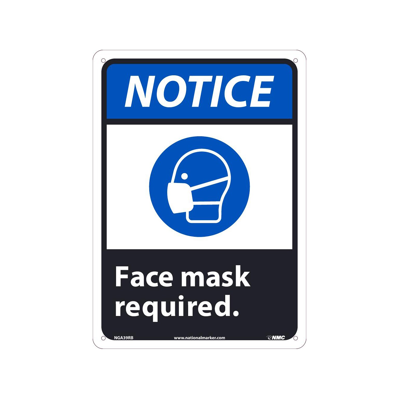 National Marker Wall Sign, Notice: Face Mask Required, Plastic, 14 x 10, Blue/White/Black (NGA39RB)