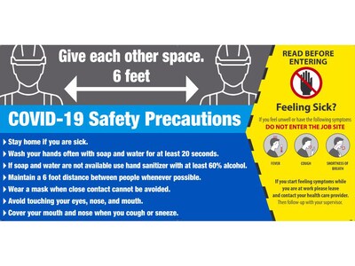 National Marker Wall Sign, COVID-19 Safety Precautions, Aluminum, 4 x 8, Blue/Gray/Yellow (M6248ACP)