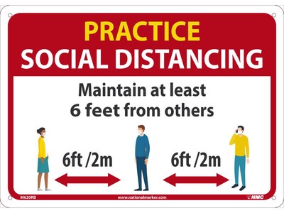 National Marker Wall Sign, Practice Social Distancing, Plastic, 10 x 14, Red/White/Yellow (M620R