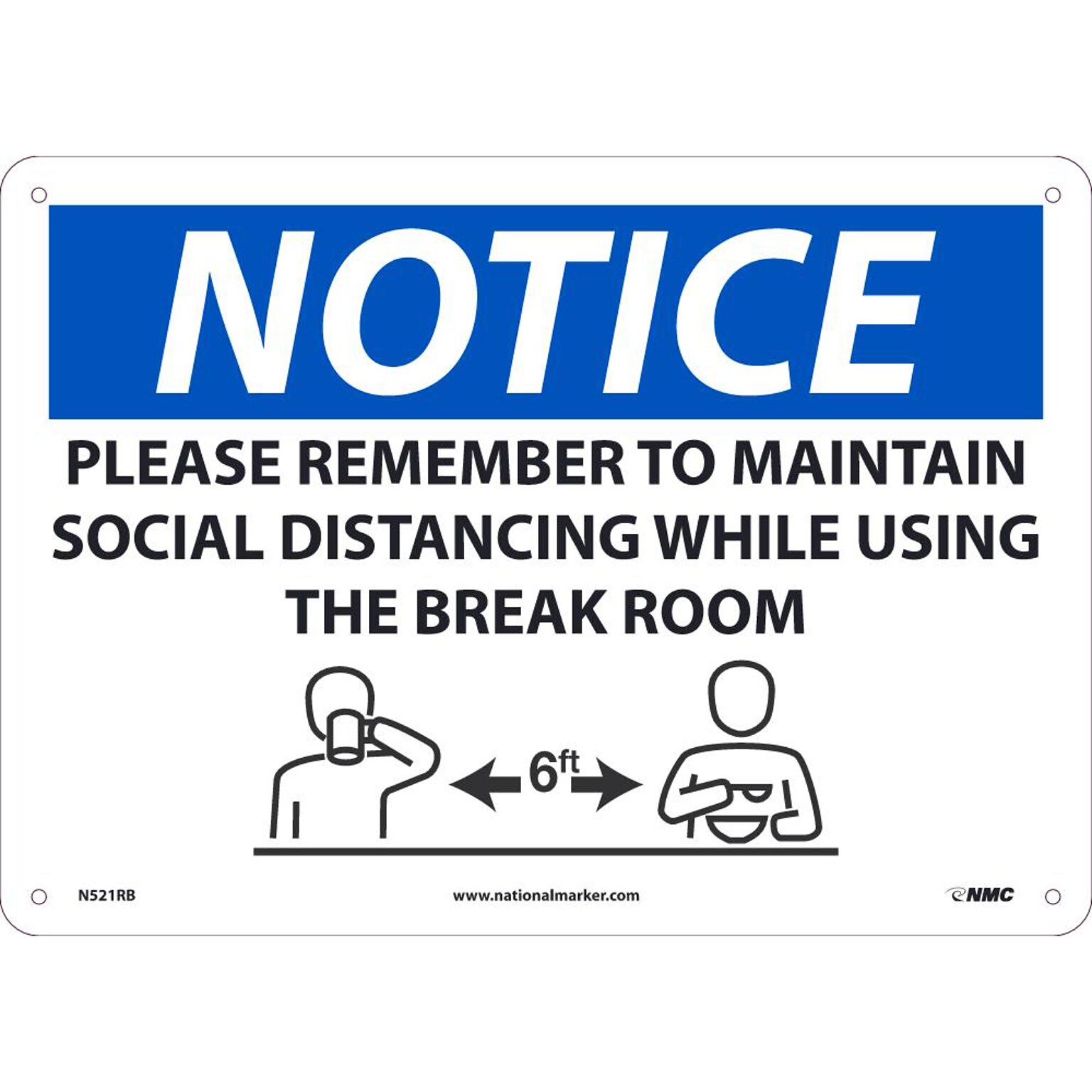National Marker Wall Sign, Please Maintain Social Distancing While Using Breakroom, Plastic, 10 x 14, Blue/White (N521RB)
