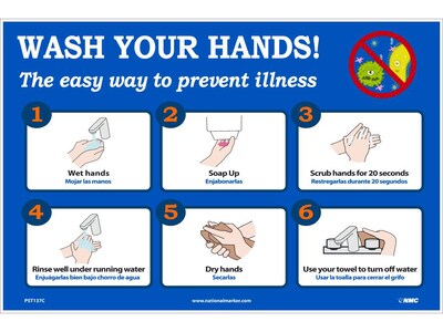 National Marker Vinyl Poster, Wash Your Hands!, 12 x 18, Blue/White (PST137C)