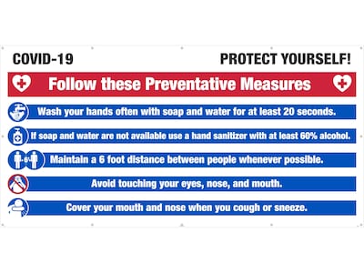 National Marker Mesh Banner, COVID-19 Preventative Measures, 6 x 12, Blue/Red/White/Black (BT61)