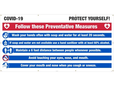 National Marker Mesh Banner, COVID-19 Preventative Measures, 5 x 10, Blue/Red/White/Black (BT561)
