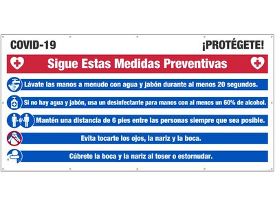 National Marker Mesh Banner, COVID-19 Preventative Measures, 6 x 12, Blue/Red/White/Black (SPBT61)